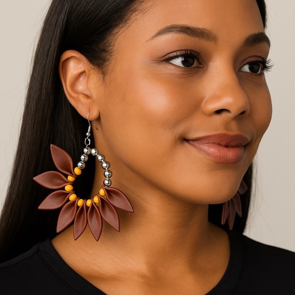 Boho Statement Earrings Brown Leather Petals Yellow Beads Paparazzi Jewelry NEW